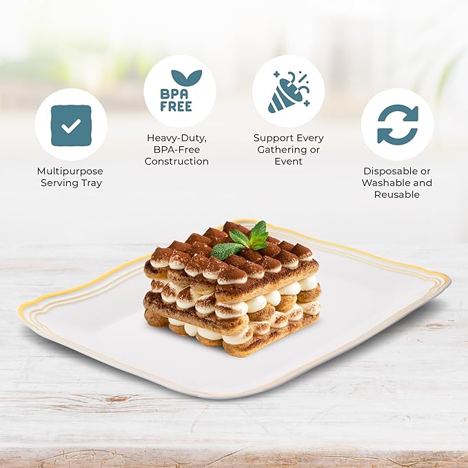 Posh Setting - White Plastic Serving Trays 6 Pack, Heavyweight Plastic Trays for Serving Food Party, Gold Rim Border Disposable Serving Platters and Trays, Platters for Serving Food Party - 12"x12"