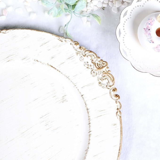 13" Charger Plates -Set of 12 - Acrylic White Round Baroque Disposable Chargers Leaf Embossed Rim, Ideal for Dinner Party Wedding Bulk Events