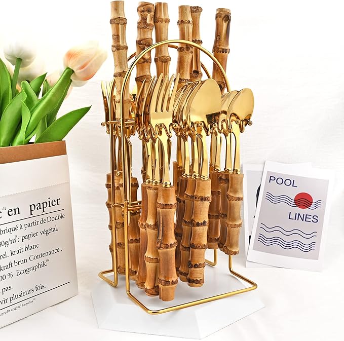 24-Piece Gold Stainless Steel Flatware Set, Bamboo Handle Cutlery with Stand Dinnerware Set Include Knife Fork Spoon And Teaspoon, Service For 6, Mirror Finished.