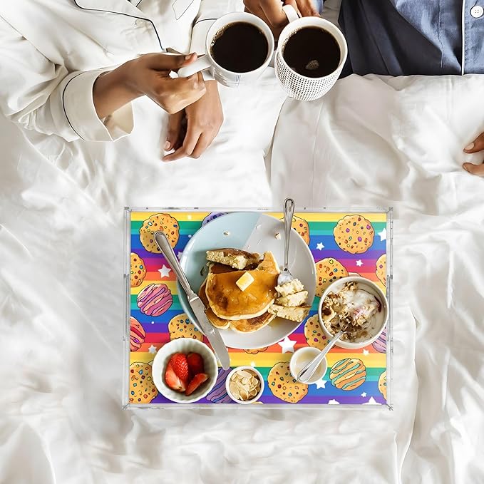 Serving Tray with Handles Clear Acrylic Tray 12x16 Inch Decorative Rectangular Tray Organizer for Ottoman Coffee Table Bathroom Rainbow Stripes Cookies Stars
