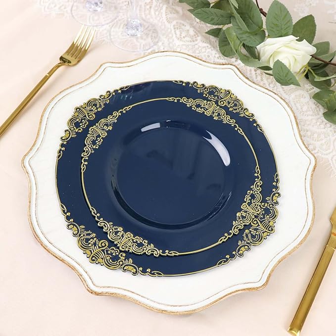 8" Salad Plates -Set of 30 - Plastic Navy Blue Round Baroque Disposable Chargers Leaf Embossed Rim, Ideal for Dinner Party Wedding Bulk Events
