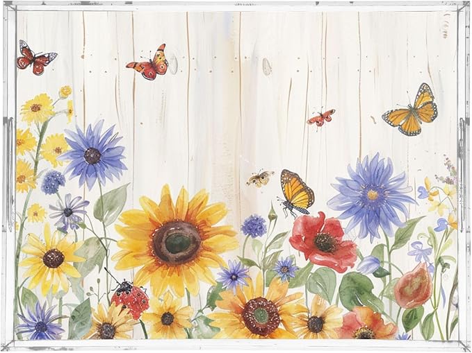 Serving Tray with Handles Clear Acrylic Tray 12x16 Inch Decorative Rectangular Tray Organizer for Ottoman Coffee Table Bathroom Watercolor Cornflower Butterfly