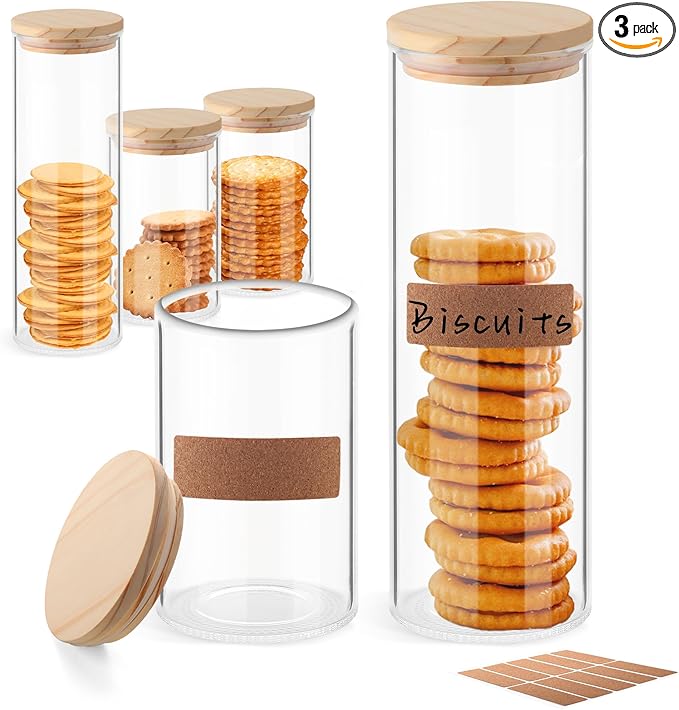 ULAB 3.5mm Thick Glass Food Container Set with Lid, 2PCS of 33oz,1pc of 62.6 OZ Clear Storage Jar, Glass Airtight Canisters set for Cookie, Pasta, Coffee Beans, USJ1006