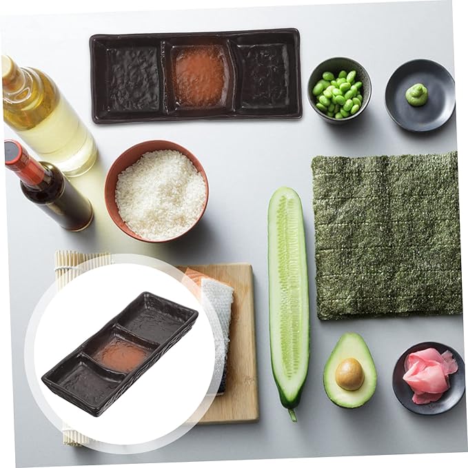 3-Compartment Ceramic Sauce Dish Japanese Style Rectangular Seasoning Plate for Sushi Appetizer and Dipping Sturdy Porcelain for Entertaining and Everyday Use