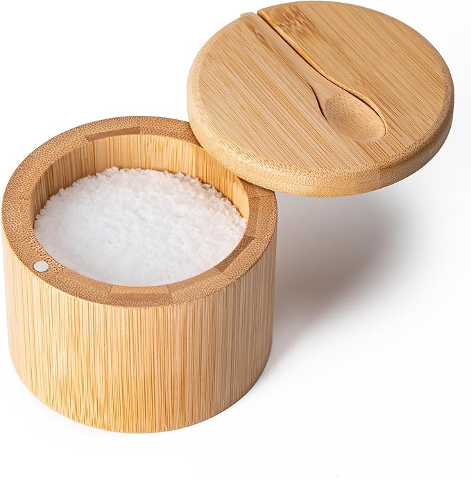 Bamboo Salt Cellar, Salt Box with Magnetic Swivel Lid, Spice Box with Spoon, Round Salt Container for Storing Salt Pepper Sugar Herbs,6 Ounce Capacity