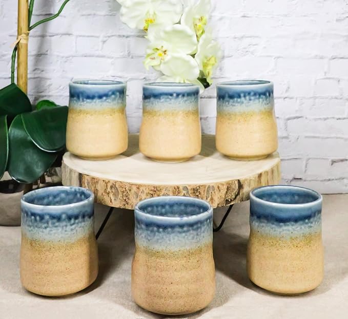 Ebros Gift Artistic Blue River Ao Nagashi Collection Dinnerware Serveware Kitchenware Set Asian Japanese Restaurant Supply (Pack Of 6 Yunomi Reactive Glaze Tea Cups 9oz)