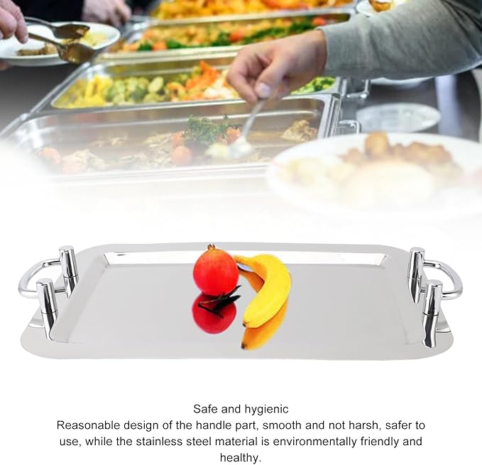 Stainless Steel Serving Tray, Stainless Steel Platter with Handle Multifunction Portable Metal Serving Tray Dinner Plate for Coffee Desserts Cakes (Rectangle Shape with Silver Handle, 47.5cm)
