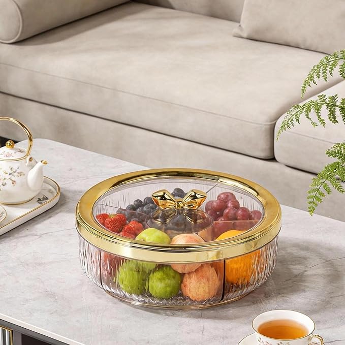 Serving Tray Container Rotating Snack Plate Dried Nuts Platter for Kitchen Entertaining, golden Bow