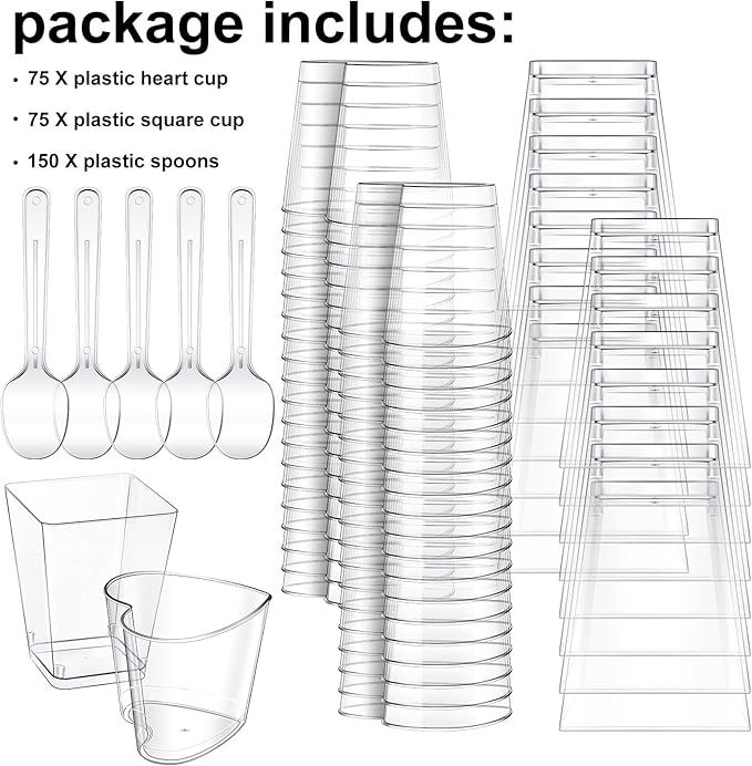 Funtery 300 Pack Mini Dessert Cups with Spoons Bulk Clear Plastic Slanted Round Parfait Appetizer Cup for Desserts Shooters(5oz,Square, Heart)