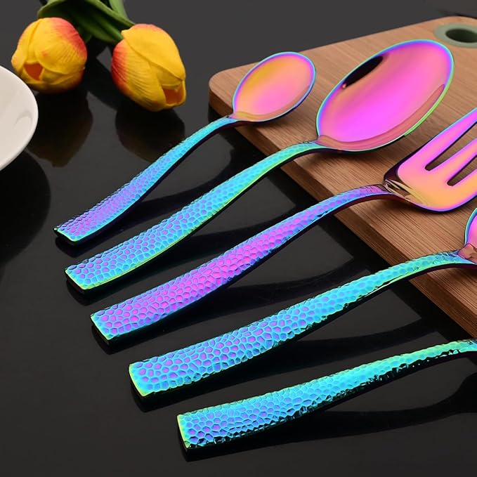 JASHII 5-Piece Rainbow Hammered Flatware Hostess Set Stainless Steel Serving Fork Slotted Serving Spoon Butter Knife Teaspoon Set for Buffet Party Mirror Polished Dishwasher Safe
