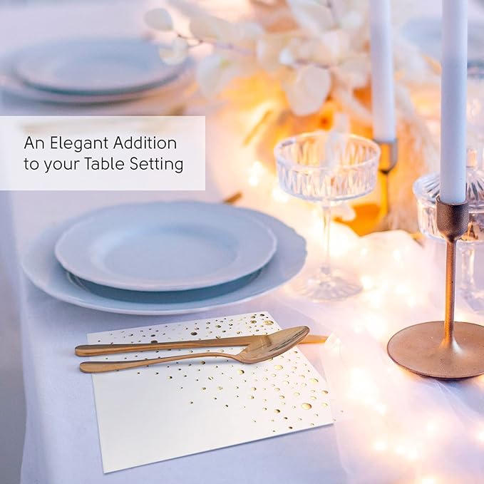 Stylish Gold Dinner Napkins, Disposable White and Gold Napkins, 100 Pack Party Napkins, 7.5 x 4.25 Inch Wedding Napkins for Reception, 3-Ply Paper Dinner Napkins for Wedding Reception