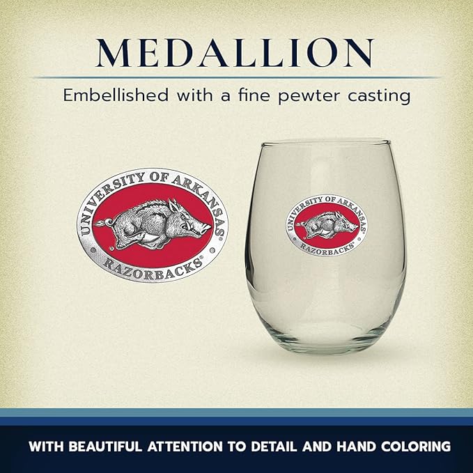 Heritage Pewter Arkansas Razorbacks Stemless Glass Goblets – Set of 2 | 15 OZ Goblet Wine Glasses | Expertly Crafted Pewter Glass