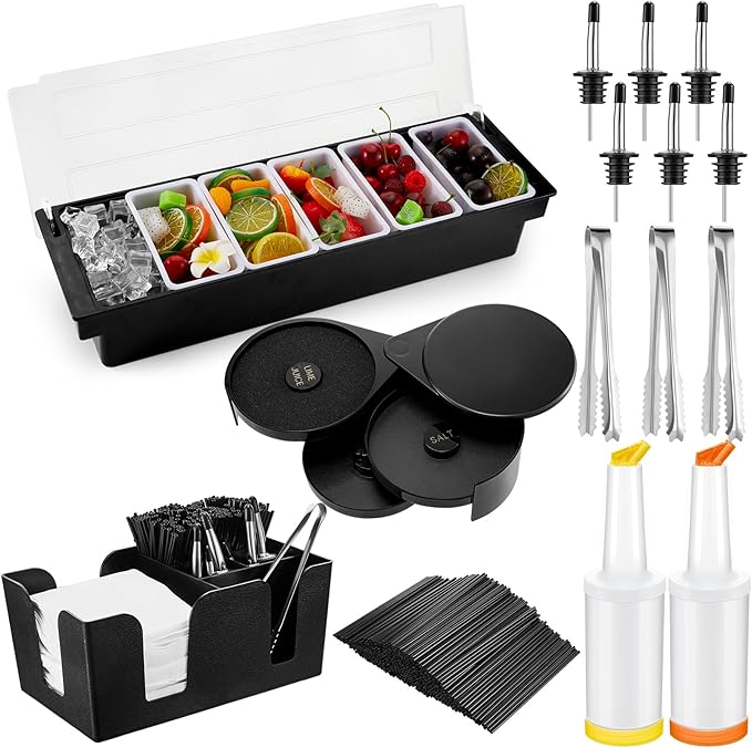 Mifoci Bartending Supplies Garnish Tray with Lid Bar Caddy 3 Tier Glass Rimmer 12 Stainless Steel Bottle Pourers 2 Juice Pour Bottle 1000 Cocktail Straw 3 Serving Tong(6 Compartments,Plastic)