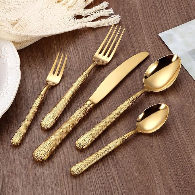 Luxury 20-Piece Wheat Ear Design Silverware Set, Premium 18/10 Stainless Steel Flatware, Serving 4. (Gold)