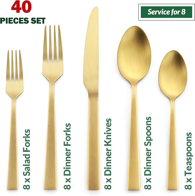40-Piece Matte Gold Silverware Set, E-far Stainless Steel Flatware Set Service for 8, Metal Cutlery Eating Utensils Tableware Includes Forks/Spoons/Knives, Square Edge