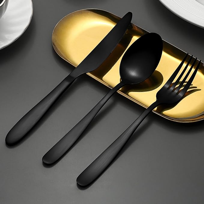 Matte Black Silverware Set for 8, Compralo 40 Pieces Black Flatware Set, Stainless Steel Tableware Cutlery Set Include Fork Spoon Knife, Kitchen Utensil Sets for Home and Restaurant