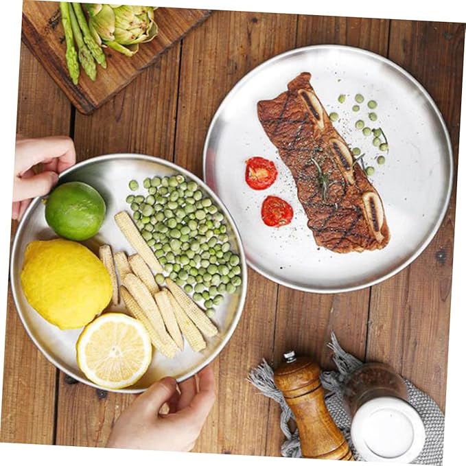 Mobestech 3 Pcs Stainless Steel Plate Divided Outdoors Buffet Dinner Trays Dining Trays for Serving Food Round Unbreakable Platters Camping Servers Dinner Plates Grilling Serving Tray Silver