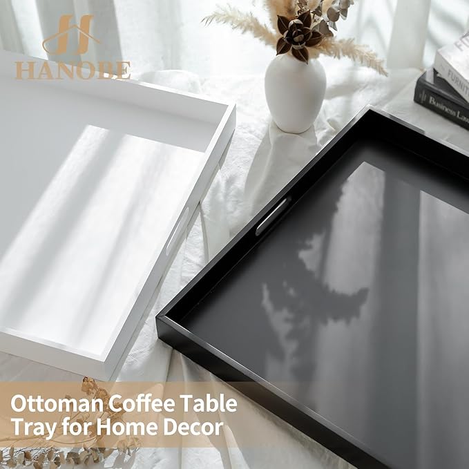 Hanobe Ottoman Tray for Living Room: Modern Extra Large Black Serving Decorative Trays with Cutout Handles for Coffee Table Home Decor, 20"