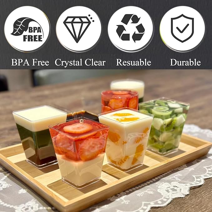 25Pack 5oz Plastic Dessert Cups with Lids and Spoons, Reusable Clear Parfait Appetizer Cups, Square Party Shooter Serving Cup, Mini Dessert Shot Glasses for Tasting