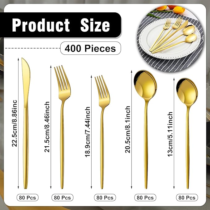 Amyhill 400 Pcs Gold Stainless Steel Utensils Set Party Tableware Flatware Set for 80 Guests Reusable Dinner Cutlery Utensils Tableware for Wedding Anniversary Party Home Restaurant