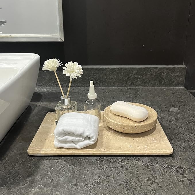 Natural Marble Beige Travertine Tray, Pastry Cheese Tray, Dessert Coffee Plate, Double Sided Smooth Marble Slab (Beige Travertine)