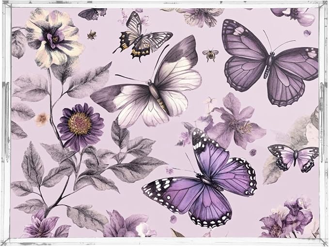Serving Tray with Handles Clear Acrylic Tray 12x16 Inch Decorative Rectangular Tray Organizer for Ottoman Coffee Table Bathroom Pastel Purple Butterflies and Vintage Flowers
