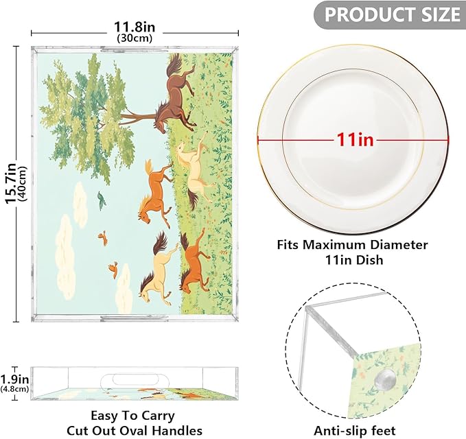 Serving Tray with Handles Clear Acrylic Tray 12x16 Inch Decorative Rectangular Tray Organizer for Ottoman Coffee Table Bathroom Horses Bird and Grassland Tree