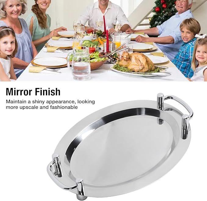 Stainless Steel Serving Tray,Mirrored Silver Tray Bright Mirror Finish Serving Tray with Handle for Hotel Restaurant Banquet Wedding - Elegant and Durable Platter (Egg Shape (Length 15.35in))