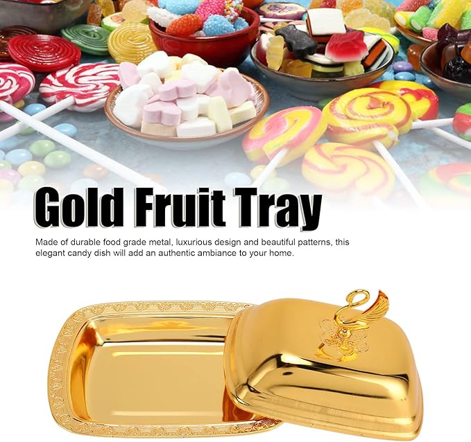 Gold Serving Tray, European Style Elegant Serving Platter Small Storage Fruit Tray, Eating Trays Metal Fruit Plate Table Decoration with Lid for Snacks Candies Desserts
