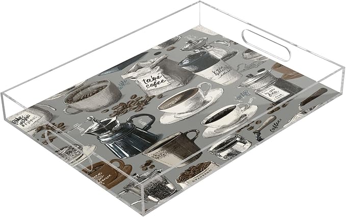 Serving Tray with Handles Clear Acrylic Tray 12x16 Inch Decorative Rectangular Tray Organizer for Ottoman Coffee Table Bathroom Grey Coffee Cups Beans Grinders