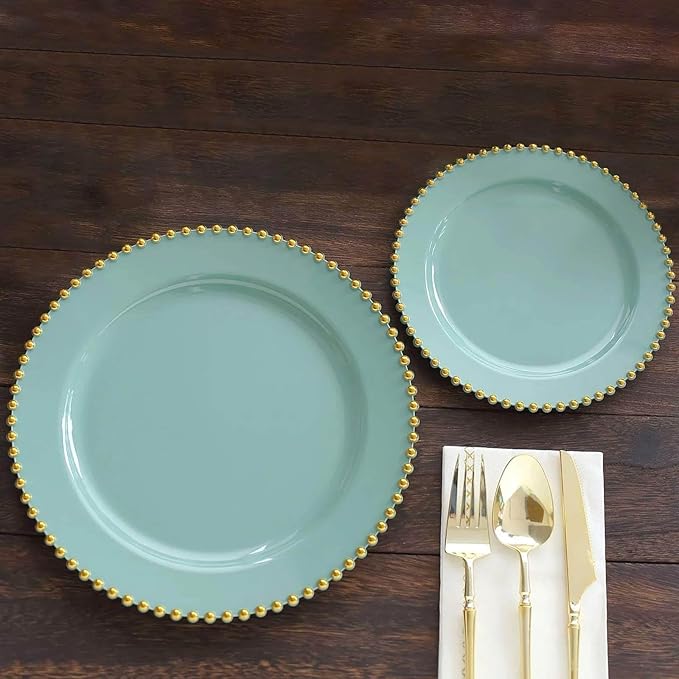10" Dinner Plates - Set of 20 - Plastic Dusty Sage Green/Gold Round Disposable Plate Beaded Rim, Ideal for Decoration Party Wedding Bulk Events