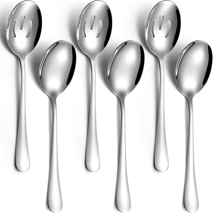 6-Piece Stainless Steel Serving Spoon Set, Mirror Polished Buffet Utensils with 3 Regular and 3 Slotted Spoons for Kitchen, Home (3 Spoons+3 Slotted Spoons)