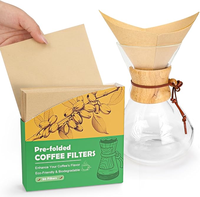 BYKITCHEN Pre-folded Pour Over Coffee Filter, Natural Unbleached Square Disposable Coffee Filter Papers for Pour-Over Coffee Maker Drippers and More(Set of 50)