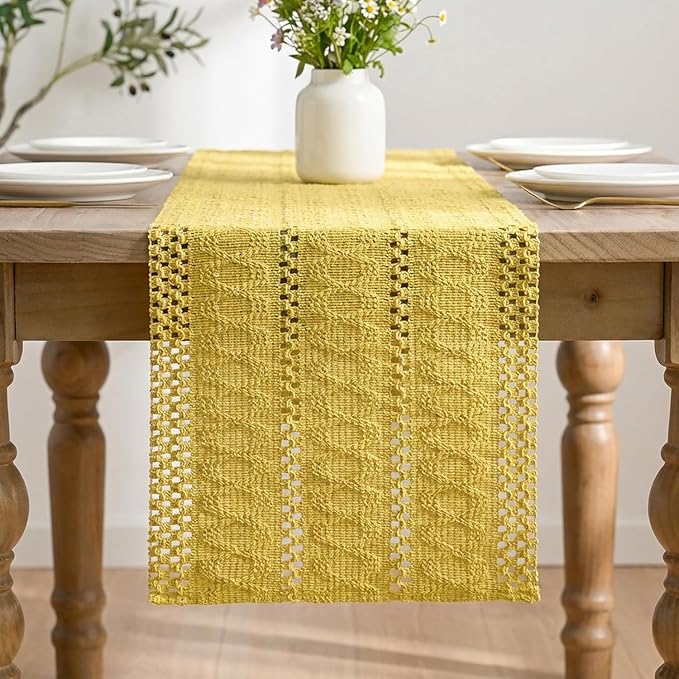 Artoid Mode Yellow Farmhouse Woven Rustic Hollow Table Runner, Seasonal Holiday Hollow Kitchen Dining Table Decoration for Home Party Decor 12x108 Inch