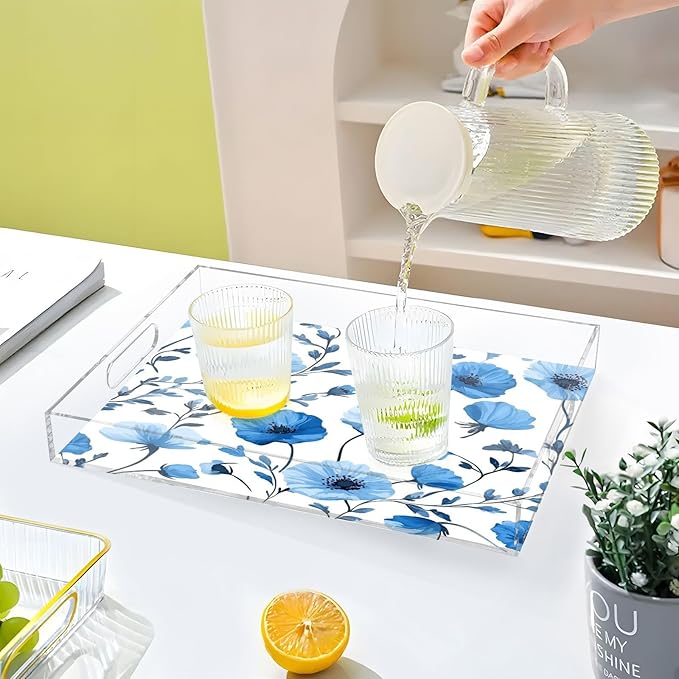 Serving Tray with Handles Clear Acrylic Tray 12x16 Inch Decorative Rectangular Tray Organizer for Ottoman Coffee Table Bathroom Blue Poppy Flowers and Branches