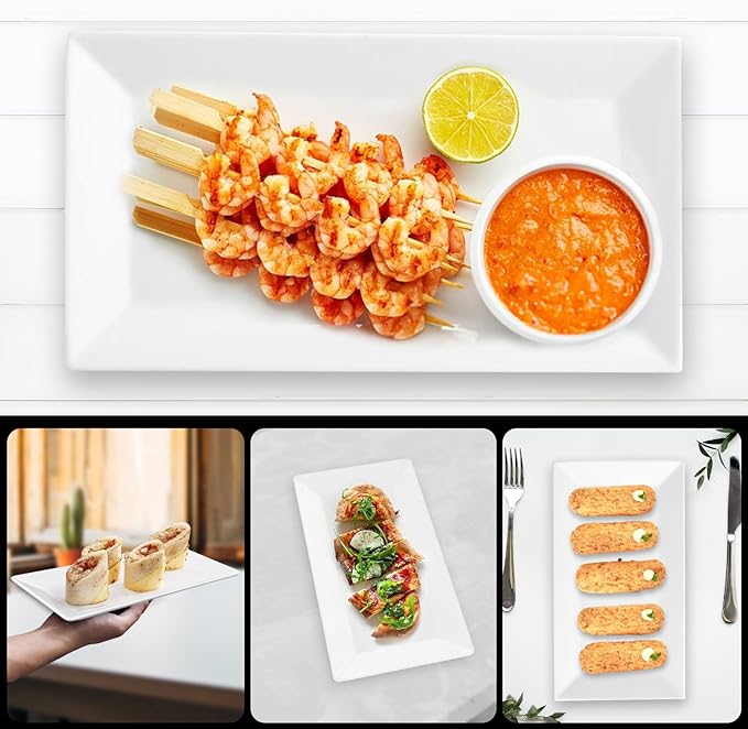 9.7" Rectangle Serving Plates, Ideal for Serving Your Favorite Platter Sized Perfectly for Appetizer, Sushi, Tapas, Taco, Dessert Platters, Raised Lip White Porcelain Tray - Set of 4