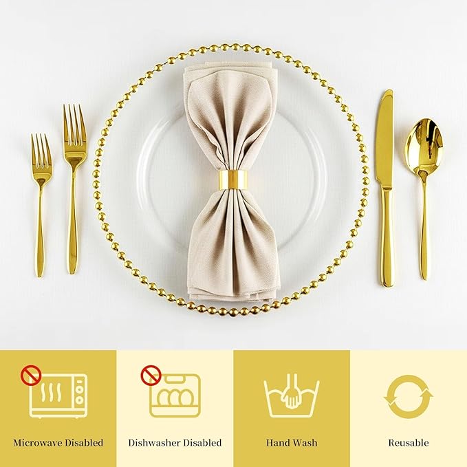 50 Pcs Clear Charger Plates with Beaded Rim 13 Inch Acrylic Gold Beaded Charger Plates Bulk for Wedding Party Dinner Birthday Decoration