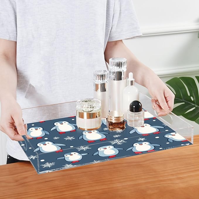 Serving Tray with Handles Clear Acrylic Tray 12x16 Inch Decorative Rectangular Tray Organizer for Ottoman Coffee Table Bathroom Grey Blue Penguin01