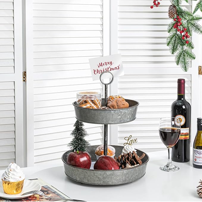 FLORA Farmhouse 2 Tiered Galvanized Serving Tray Stand with Carry Handle, Rustic Metal Display Tray for Cupcake Dessert Fruit, Perfect for Indoor or Outdoor Party Home Décor