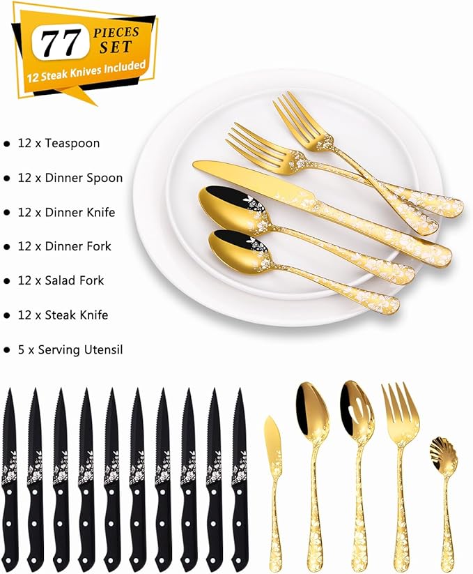 Stapava 77-Piece Gold Silverware Set for 12, Plus Steak Knife & Serving Set, Stainless Steel Flatware Cutlery Set, Mirror Eating Utensils Tableware with Butterfly Flower Laser, Dishwasher Safe