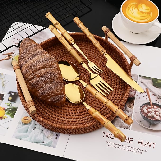 JASHII 20-piece Gold Stainless Steel Flatware Cutlery Set Silverware Knife Fork Spoon Set Bamboo Handle Dishwasher Safe for Dinner Buffet