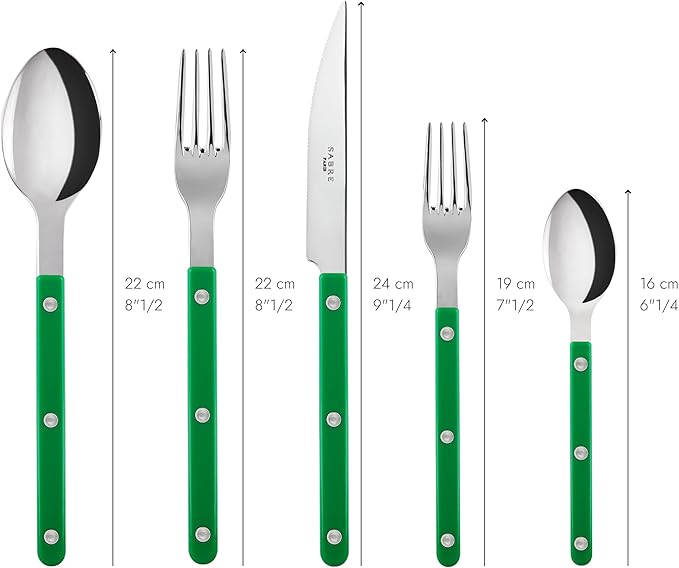 SABRE PARIS - 5-Piece Flatware Set - Bistrot Collection - Knife, Fork, Soup Spoon, Teaspoon & Dessert Fork - Stainless Steel & Nylon - Dishwasher Safe - Garden Green - Brilliant Finish
