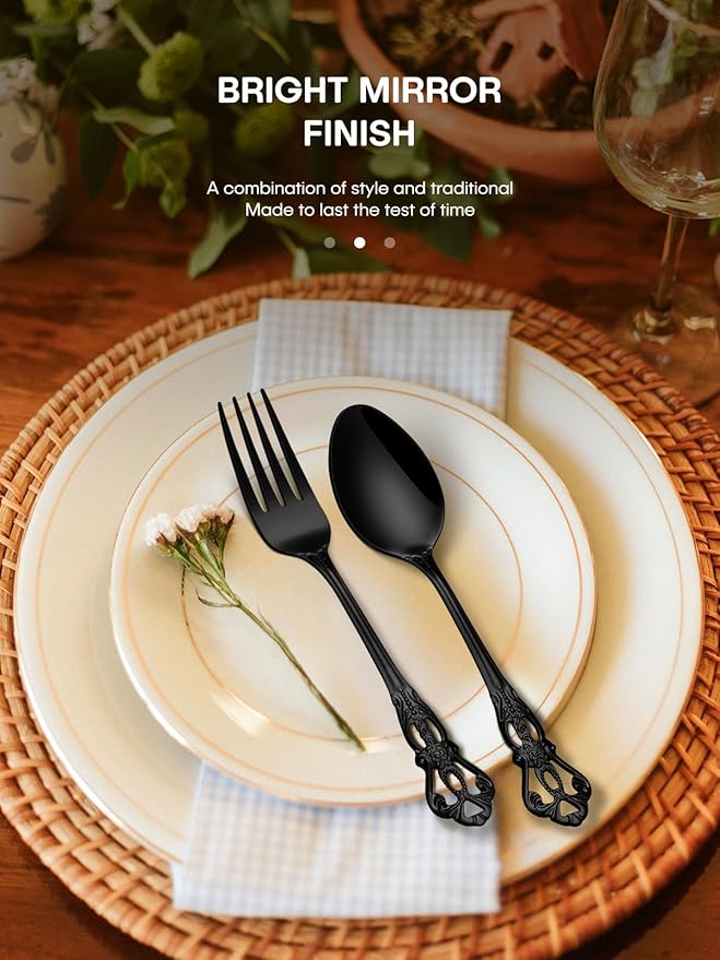 Stapava 40 Pcs Black Silverware Set, Gorgeous Retro Royal Silverware Set for 8, Stainless Steel Mirror Flatware Cutlery Set, Include Forks Spoons and Knives set, Dishwasher Safe Utensils