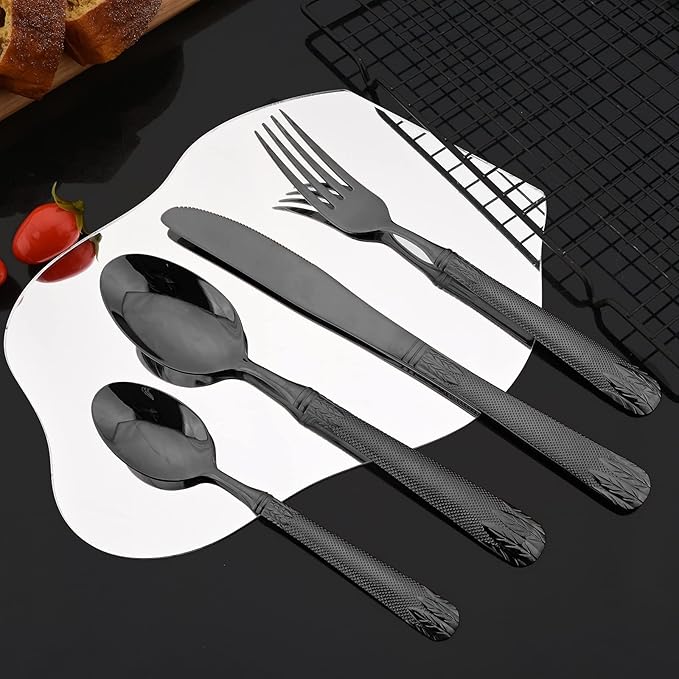 JASHII 304 Stainless Steel Hammered Silverware Set with Wheat Spike Pattern, Modern Eating Tableware Flatware Set, Service for 6. Flat Handle, Dishwasher Safe - Shiny Black