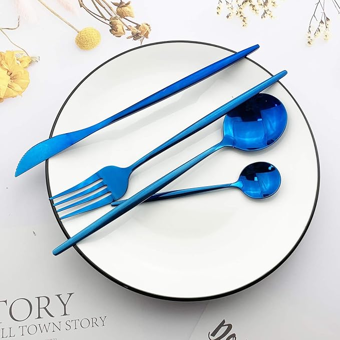 JASHII 24 Piece Titanium Plated Stainless Steel Flatware Set, 24 Piece Blue Silverware Set, Service for 6 (Shiny)