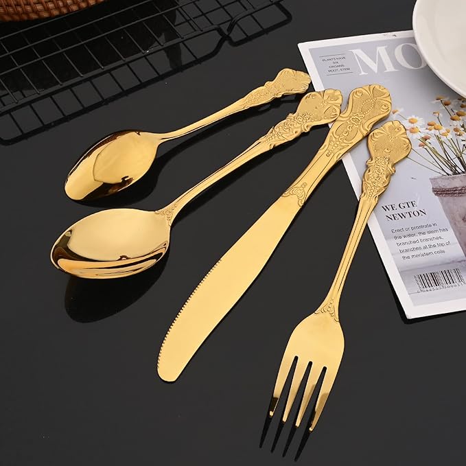 JASHII Palace Gold Silverware Set 4 Piece Family Dinnerware Set Flatware Set for 1 Silver Tableware Set Great for Family Gatherings & Daily Use-Spoons, Knives, Teaspoons, Forks (Gold）