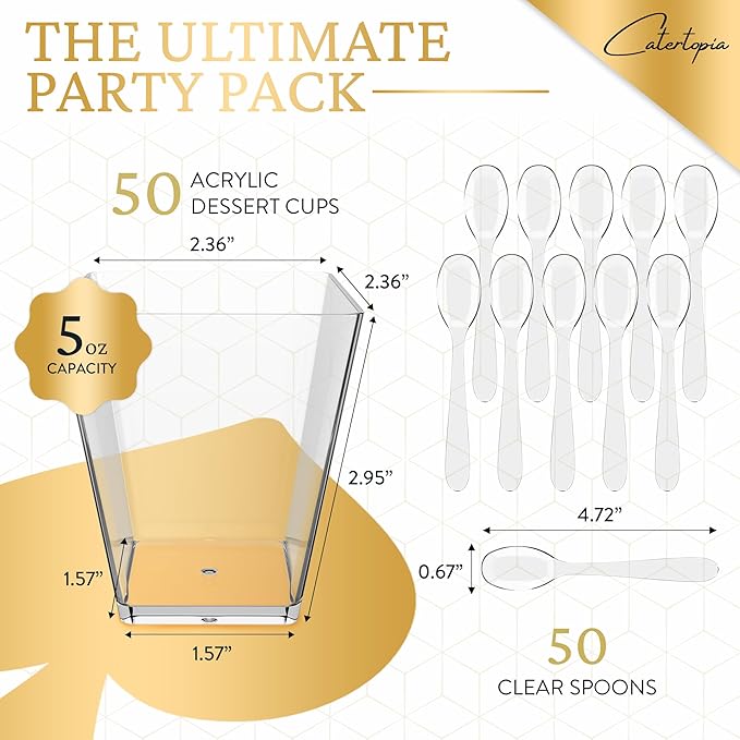 Mini Dessert Cups with Spoons (50 PACK) (Clear Spoons) (No Lids) – 5 oz Plastic Appetizer Cups for Parfait – Reusable Mini Square Dessert Cups for Events, Parties, & More - BPA Free Catering Supplies