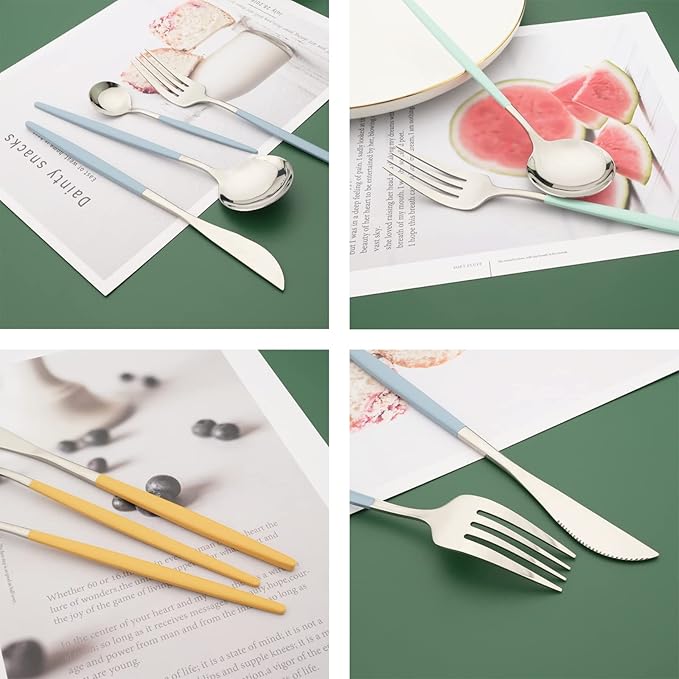 Silverware Set, 24 Pcs Stainless Steel Flatware Cutlery Set, Knives Forks and Spoons Set with Colored Handles, Rust-proof Serving Utensils, Mirror Polished, Service for 6 (Silver+Pink)