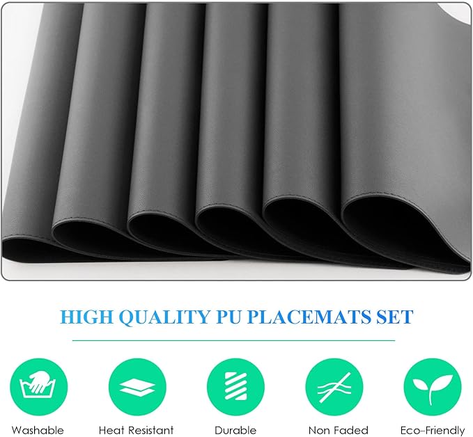 Vinyl Placemats Set of 6, Faux Leather Heat Resistant Kitchen Place Mats, Waterproof Wipeable Dining Table Mats and Coasters for Indoor, Outdoor (Gray)