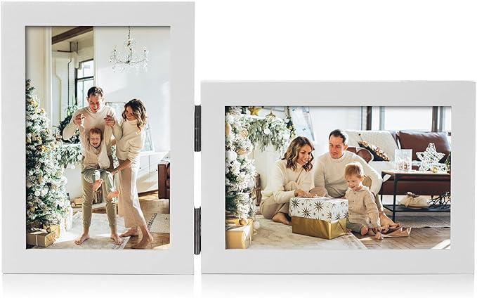 4x6 Double Hinged Picture Frame Folding Photo Frame Vertical and Horizontal in White Pine Wood with Real Glass for Tabletop P-BAI-SH46
